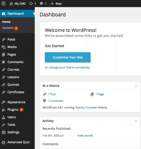 The WordPress admin menu after installing LearnDash.
