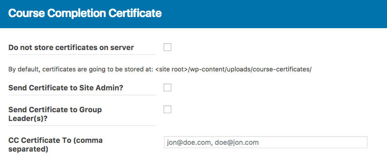 course certificates settings