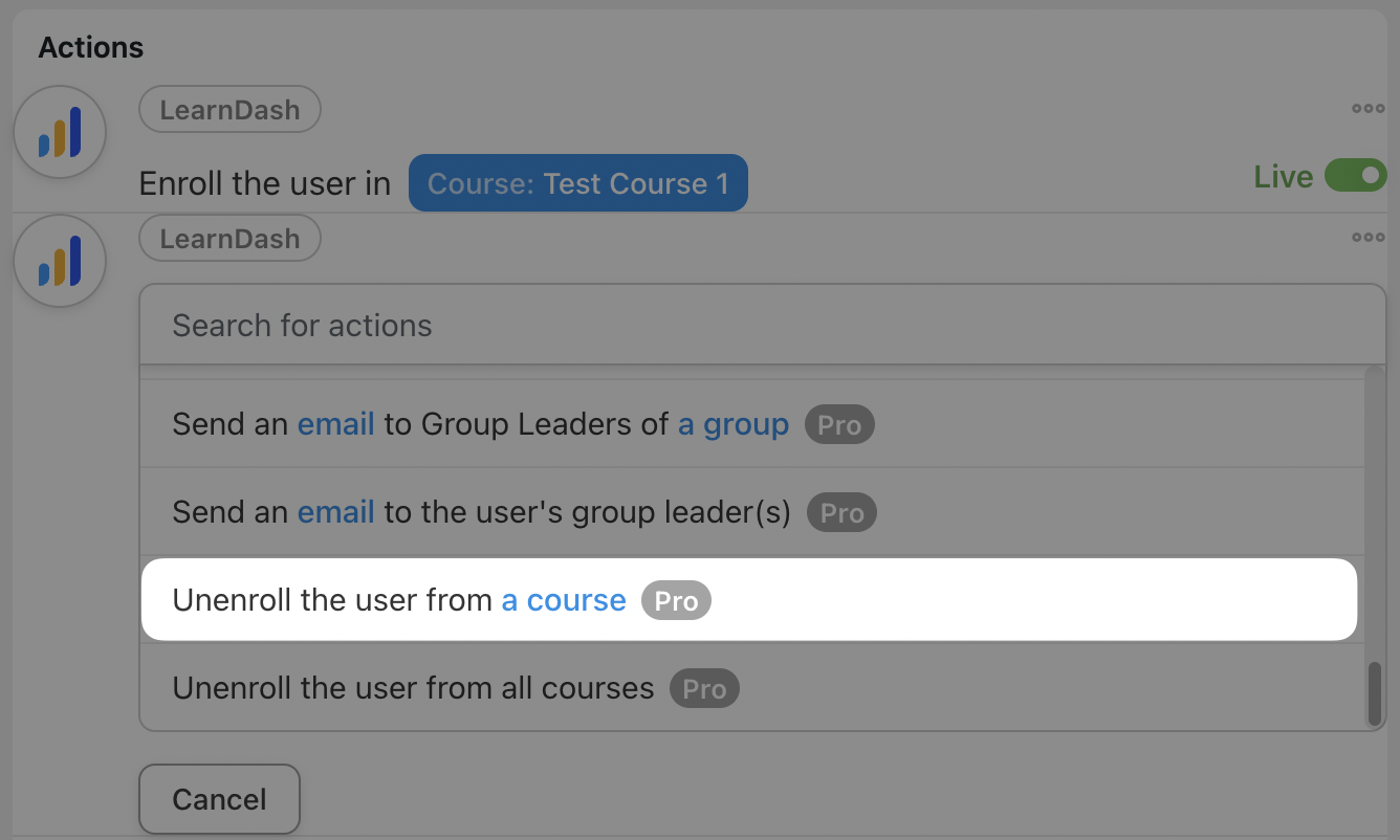 Automator Action LearnDash Unenroll the user in a course
