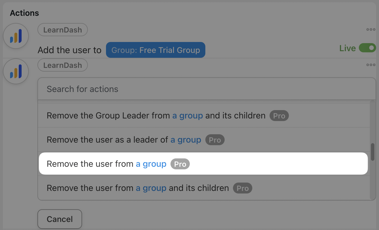 Automator LearnDash Action Remove the user from a group