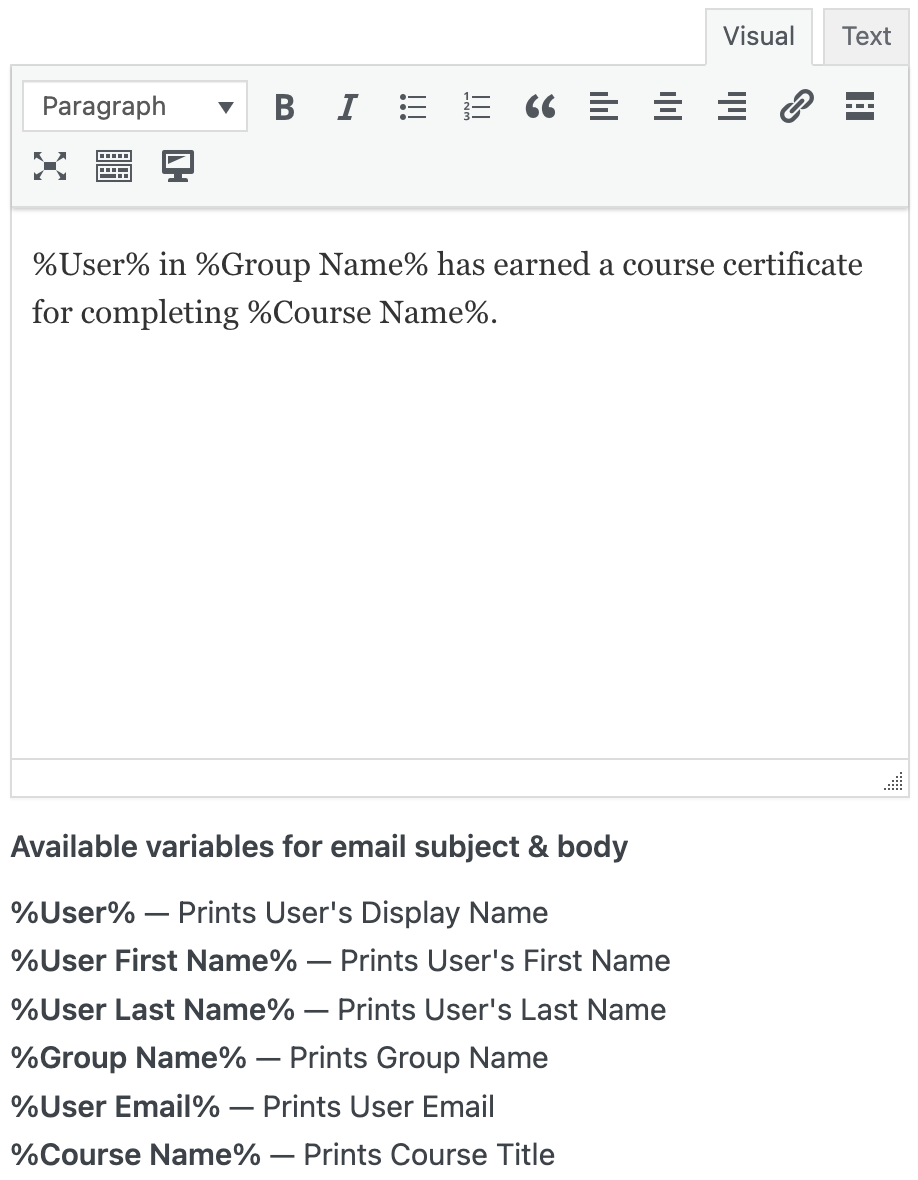 Uncanny Toolkit Pro Send Certificate Module Email Editor