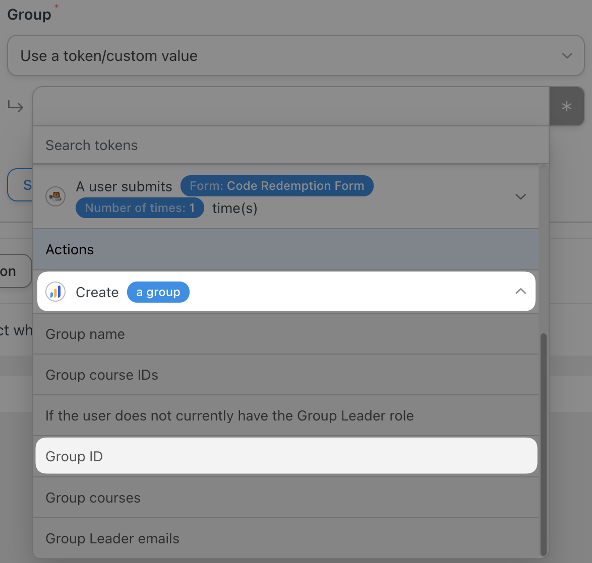How to Create & Sell LearnDash & WooCommerce Promo Codes 33 — Automator LearnDash Action Add the user to a group Action tokens