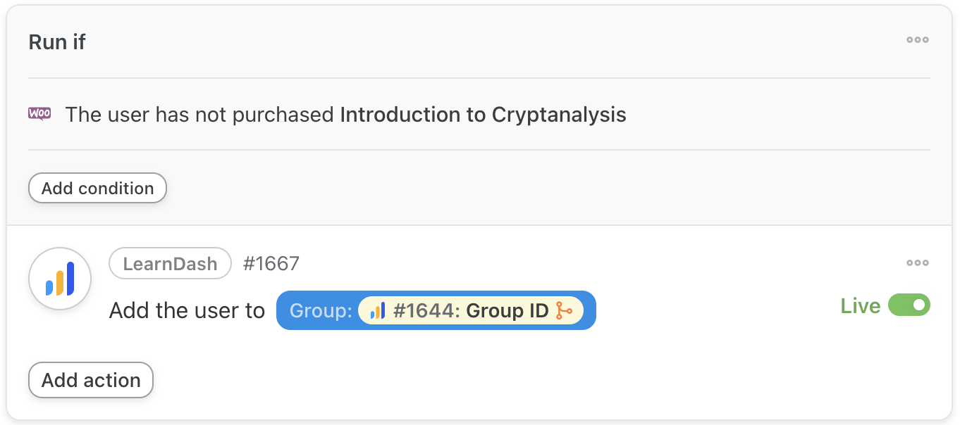 How to Create & Sell LearnDash & WooCommerce Promo Codes 39 — Automator LearnDash Actions Add the user to a group Filter Live