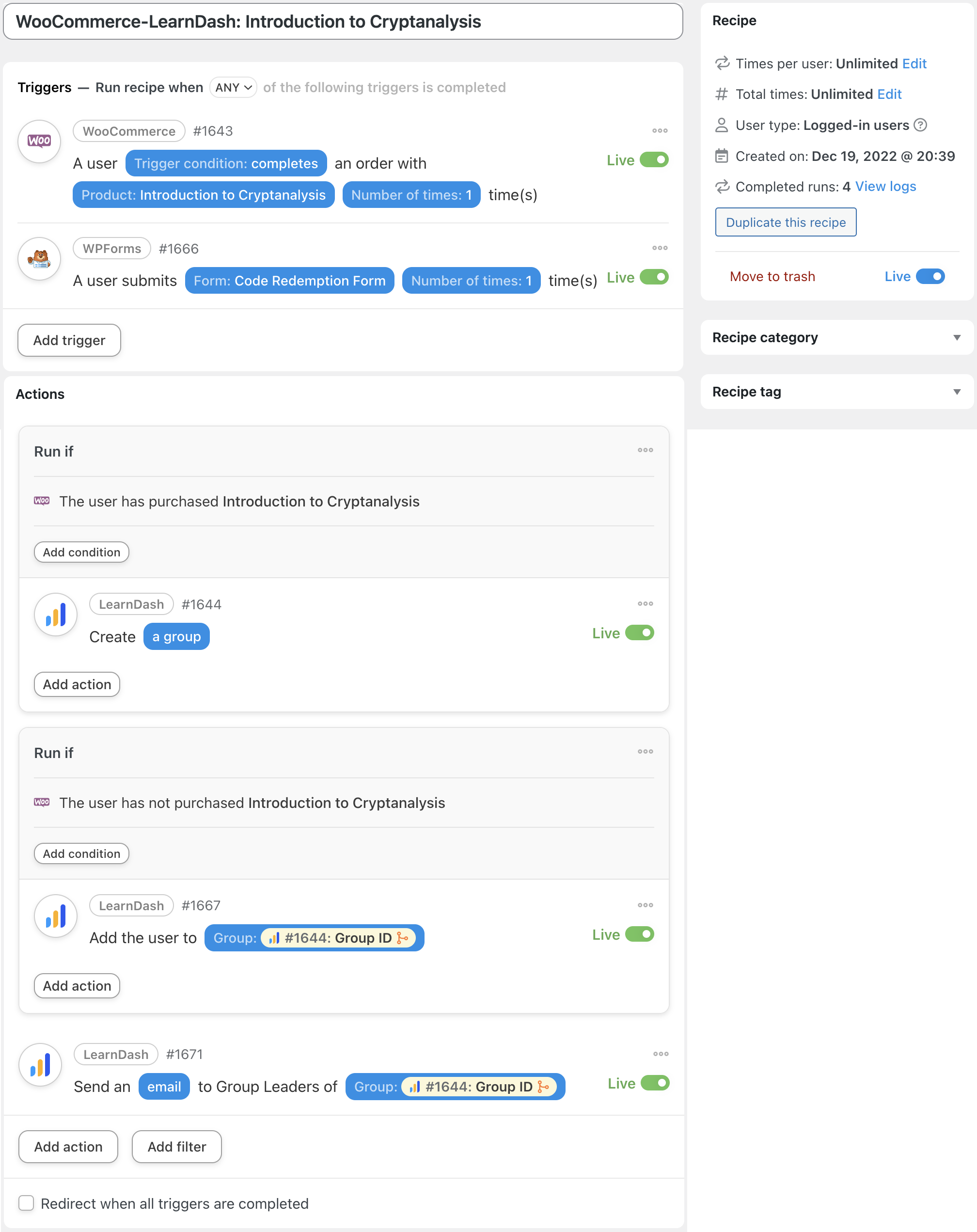 How to Create & Sell LearnDash & WooCommerce Promo Codes 43 — Automator WooCommerce LearnDash Introduction to Cryptanalysis Recipe Live