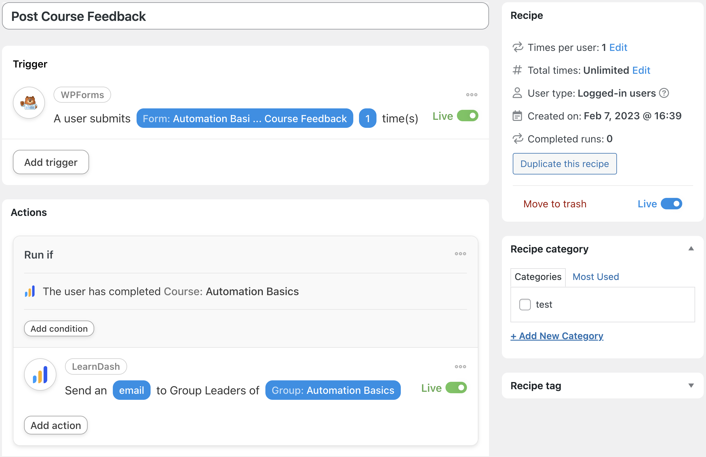 Better LearnDash Notifications Automator WPForms/LearnDash Recipe