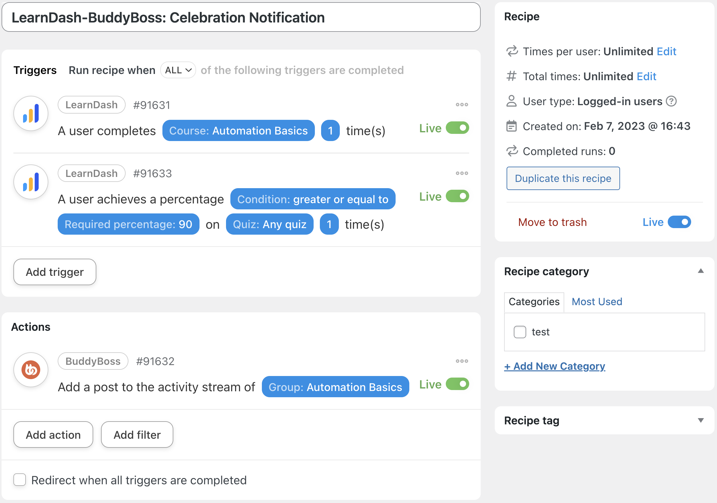 Better LearnDash Notifications LearnDash BuddyBoss recipe