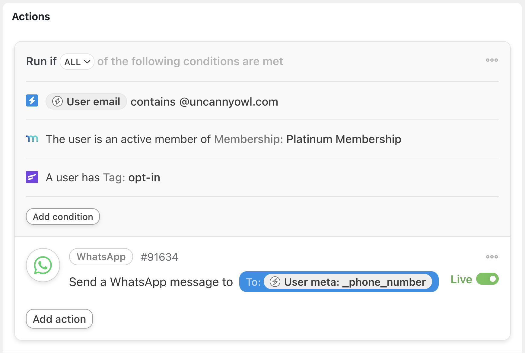 Better LearnDash Notifications WhatsApp Action with Automator conditions